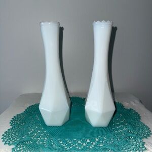 Vintage‎ Milk Glass White Geometric Vases - Set of 2 8.5 inches tall